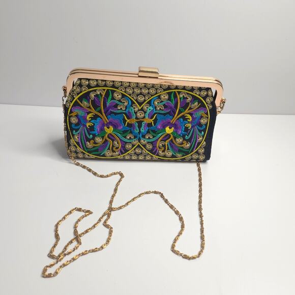 Vintage Embroidered Peacock Evening Purse Bag Clutch Chain Strap - Picture 1 of 8
